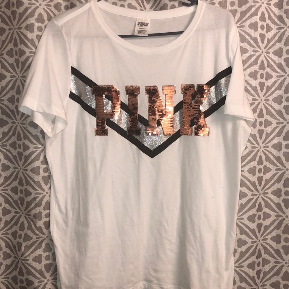 VS PINK Sequin Varsity Rose Gold Bling Tee